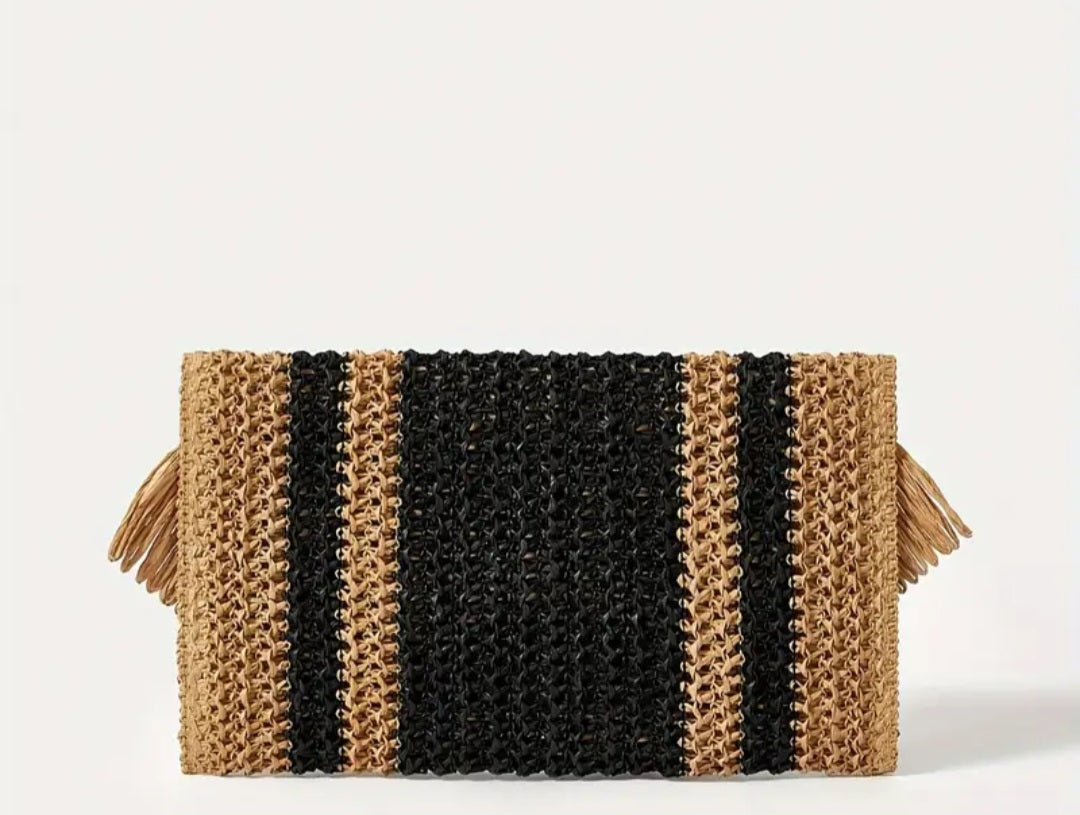 Black/Tan Straw Clutch