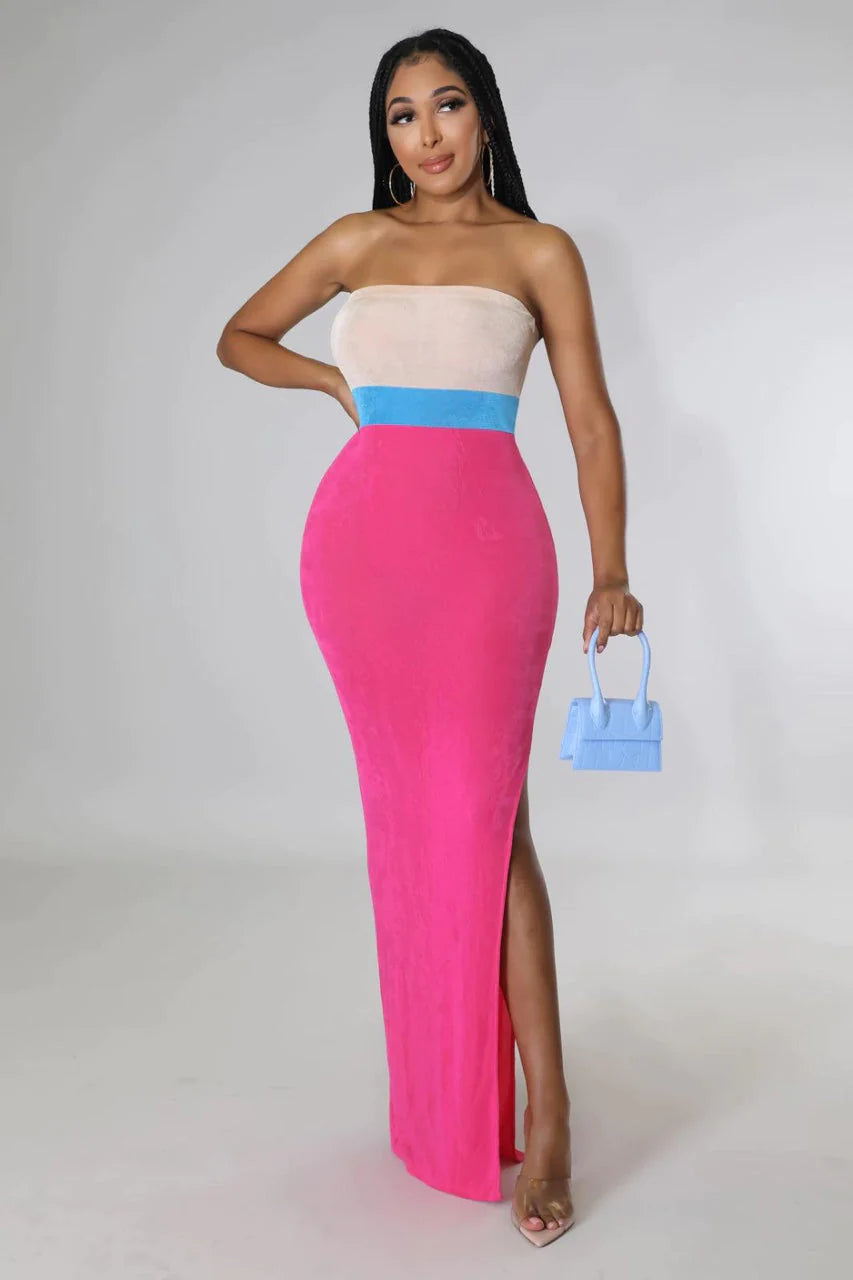 Multi Color Slinky Slit Tube Dress